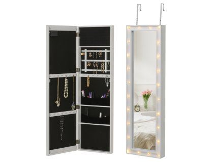 Skříňka na šperky (šperkovnice) se zrcadlem a LED osvětlením, nástěnná / závěsná, bílá,
