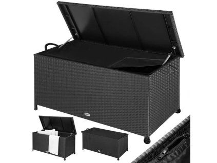 Zahradní úložný box s kolečky, polyratan, černý, 117 x 53 x 60 cm